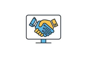 Collaborative tools icon. handshake, human working together with digital tools. icon related to industry, technology. flat line icon style. simple vector design editable