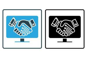 Collaborative tools icon. handshake, human working together with digital tools. icon related to industry, technology. solid icon style. simple vector design editable