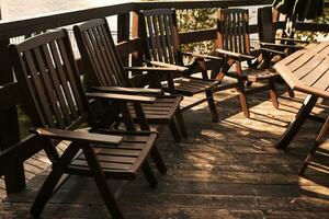 Exterior in backyard for relax in autumn garden. Fall decor. Selective focus. photo