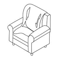 Isometric armchair in doodle style. Cozy armchair with blanket outline. Hand drawn vector art.