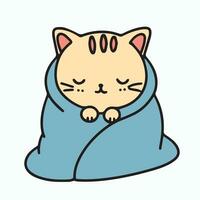 Cute cat in blanket colored outline. Doodle cat wrapped in blanket. Hand drawn vector illustration.