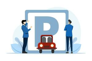 Big road sign parking concept. little people looking for a parking space, parking the car. Public car parking in big city. Urban transportation. flat cartoon. Vector illustration on white background.