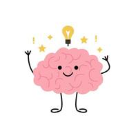 cerebro pensar, ligero bulbo como idea, linda niño personaje. contento cerebro aprender y encuentra solución. vector ilustración