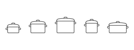 Pot for cooking on kitchen, pan cuisine icon line set. Big and small pots for cook food. Vector illustration