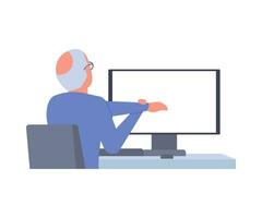 Senior man sits back at table computer and stretching, doing exercises. Elderly pensioner practicing workout at workplace in break. Removing tension and muscle soreness for rest and relaxation. Vector