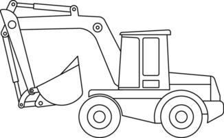 Excavator with crane, tractor for construction, line coloring. Outline of digger on side. Industrial drawing of bulldozer. Automotive contour drawing. Vector isolated illustration