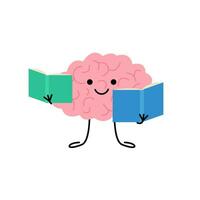 Brain with book, cute child character for knowledge, education. Happy brain reading book. Vector illustration