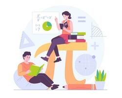 Students learning math in college vector illustration. Algebra formulas and symbols. Guy reading a book, Girl studying math