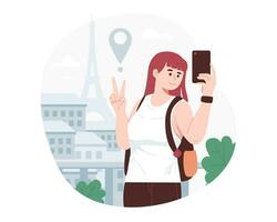 Female tourists taking selfies at tourist attractions vector