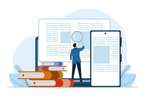 concept of education, knowledge, book library, reference literature and books, online library reading books in pile of publications. Obtaining information, preparing for the exam with examples. vector