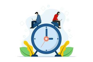 Time management concept. a businessman and businesswoman using a laptop sitting at work for hours. working time. Time organization efficiency. Project team work schedule. Good business processes. vector