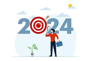 Concept of Analysis and Development of Business Strategy in the New Year 2024. Entrepreneur Zoom Magnifying Glass Choosing Business Targets or Goals in 2024. Planning and Setting Business Goals. vector