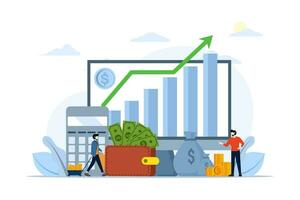investment concept, growth, investor, financial investment, savings wallet, banking, piggy bank, Characters analyzing investment, celebrating financial success and money growth. increase in money. vector