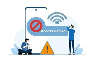 IP address concept, 404 error page, access denied, account block, little person confused with access denied. Illustration for websites, landing pages, mobile apps, posters and banners. vector