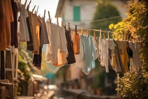 Things are hanging on a rope. Clothes dry in the air. Generative AI technology. photo