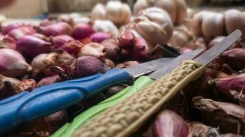 Selective focus of knife in top of red and white onions. Selective Focus photo