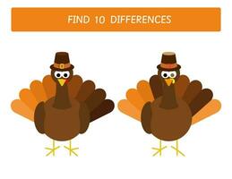 Thanksgiving educational game for kids. Find 10 differences worksheet for preschool and kindergarten vector