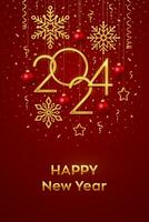 Happy New Year 2024. Hanging Golden metallic numbers 2024 with shining snowflakes, 3D metallic stars, balls and confetti on red background. New Year greeting card or banner template. Vector. vector