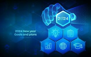 2024 New year Goals and plans. Wireframe hand places an element into a composition visualizing Goal acheiveement and success in 2024. Business plan and strategies concept. Vector illustration.