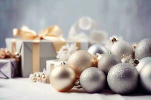 silver shiny Christmas balls with gifts as Christmas background photo
