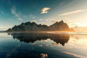 Sunrise over Vestrahorn mountain with reflection on black sand beach in summer at Iceland photo