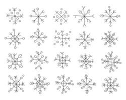 Christmas doodle set with different types of snowflakes. Vector black and white clipart illustration.