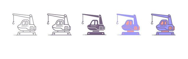 Crane icons set. Different types of cranes, linear icon collection. Cargo, construction, rail and other industrial cranes for construction and logistics. Line with editable vector. 5 different styles vector