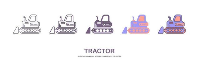 Bulldozer icon. Heavy tracked tractor with blade. Vector simple flat graphic illustration. The isolated object on a white background. Isolated on white background. 5 icons with different styles