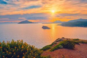 Aegean Sea with islands view on sunset photo