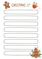 Christmas to do list decorated Christmas gingerbread cookies and cup of hot chocolate. Vector winter bucket list template. Printable list for notes, planner, schedule, planner, checklist, notebook.