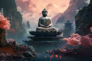 Generative AI, Buddha statue in the mountains, with lotus flowers, natural lighting, natural environment photo