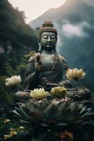 generativo ai, Buda estatua en el montañas, con loto flores, natural Encendiendo, natural ambiente foto