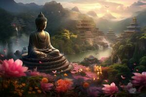 Generative AI, Buddha statue in the mountains, with lotus flowers, natural lighting, natural environment photo