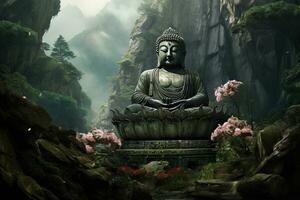 Generative AI, Buddha statue in the mountains, with lotus flowers, natural lighting, natural environment photo