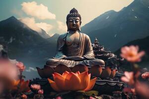 Generative AI, Buddha statue in the mountains, with lotus flowers, natural lighting, natural environment photo