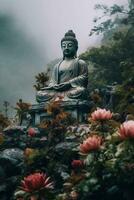 Generative AI, Buddha statue in the mountains, with lotus flowers, natural lighting, natural environment photo