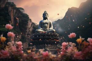 Generative AI, Buddha statue in the mountains, with lotus flowers, natural lighting, natural environment photo
