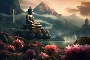 Generative AI, Buddha statue in the mountains, with lotus flowers, natural lighting, natural environment photo
