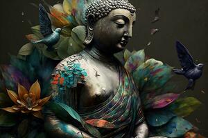 Generative AI, abstract lifelike buddha statue, flowers, magic lighting, beautiful metallic and stone colors, natural lighting, natural environment photo