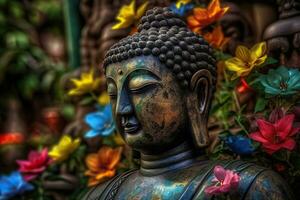 Generative AI, abstract lifelike buddha statue, flowers, magic lighting, beautiful metallic and stone colors, natural lighting, natural environment photo