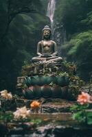 Generative AI, Buddha statue in the mountains, with lotus flowers, natural lighting, natural environment photo