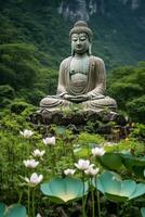 Generative AI, Buddha statue in the mountains, with lotus flowers, natural lighting, natural environment photo