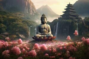 Generative AI, Buddha statue in the mountains, with lotus flowers, natural lighting, natural environment photo