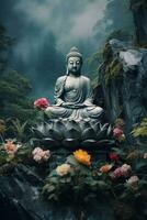 Generative AI, Buddha statue in the mountains, with lotus flowers, natural lighting, natural environment photo