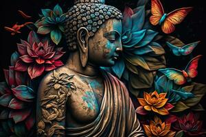 Generative AI, abstract lifelike buddha statue, flowers, magic lighting, beautiful metallic and stone colors, natural lighting, natural environment photo