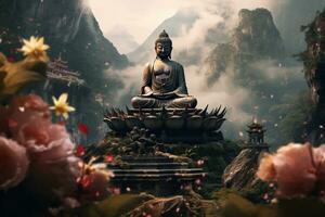 Generative AI, Buddha statue in the mountains, with lotus flowers, natural lighting, natural environment photo