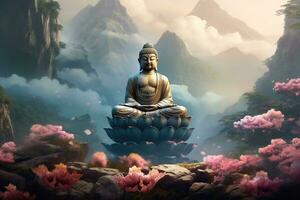 Generative AI, Buddha statue in the mountains, with lotus flowers, natural lighting, natural environment photo