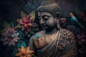 Generative AI, abstract lifelike buddha statue, flowers, magic lighting, beautiful metallic and stone colors, natural lighting, natural environment photo