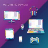 Futuristic colourful electronics devices, set of monitor, laptop, tablet, smartphone, headphone, gaming controller, watch vector