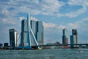 View of Rotterdam cityscape with Erasmusbrug bridge over Nieuwe Maas and modern architecture skyscrapers photo